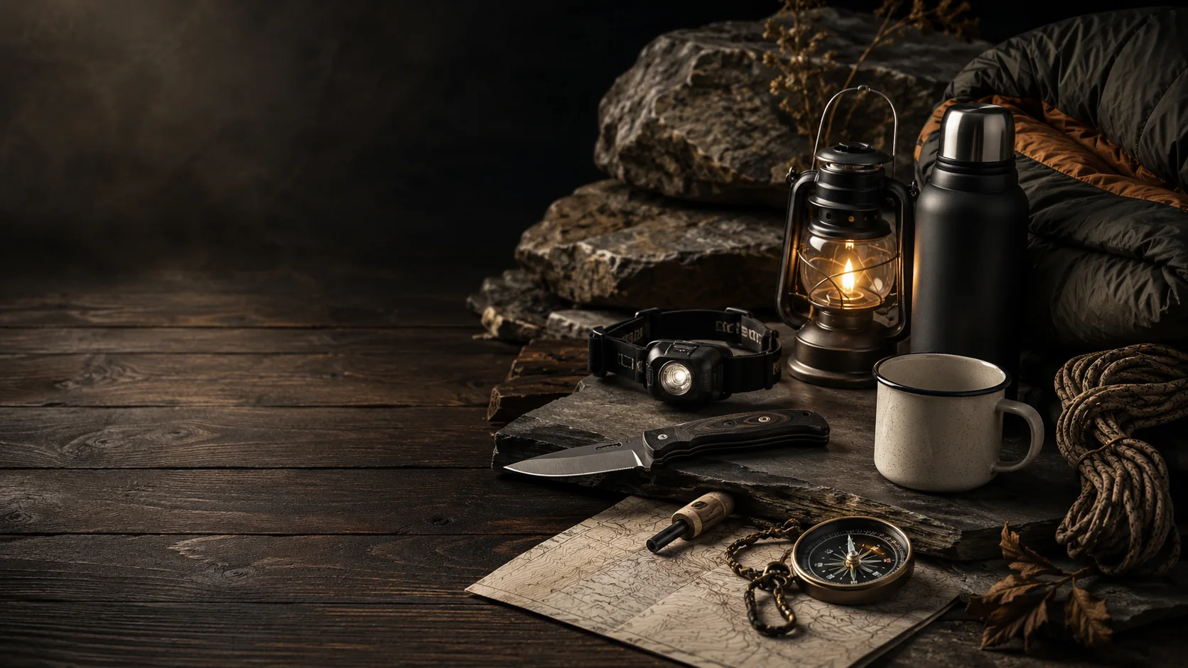 Premium camping essentials arranged on dark wood and stone, including a lantern, headlamp, compass, knife, thermos, mug, map, rope, and sleep insulation