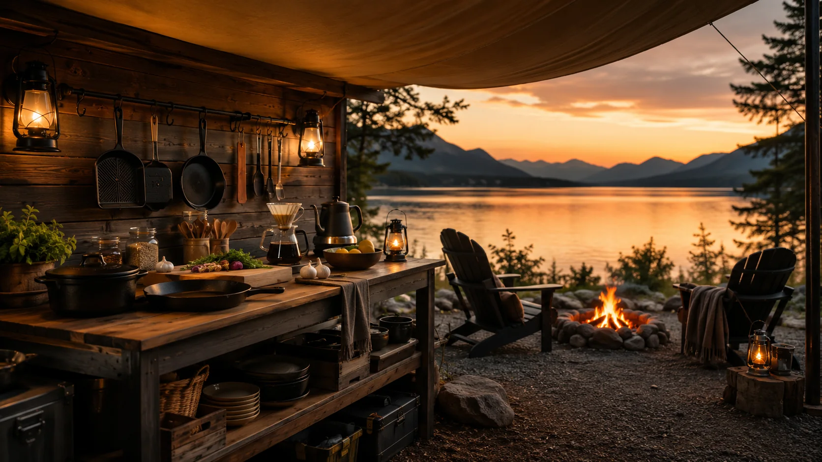 Elegant camp kitchen with lanterns and cast iron cookware beside a lake