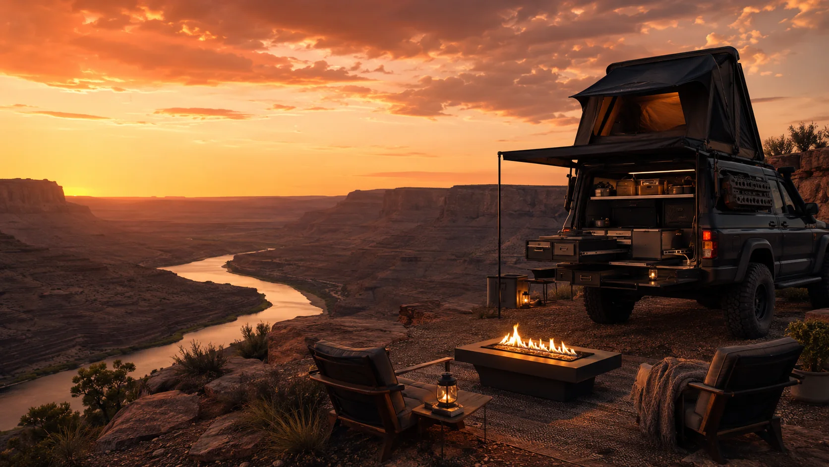 Premium overland campsite in a red rock desert landscape