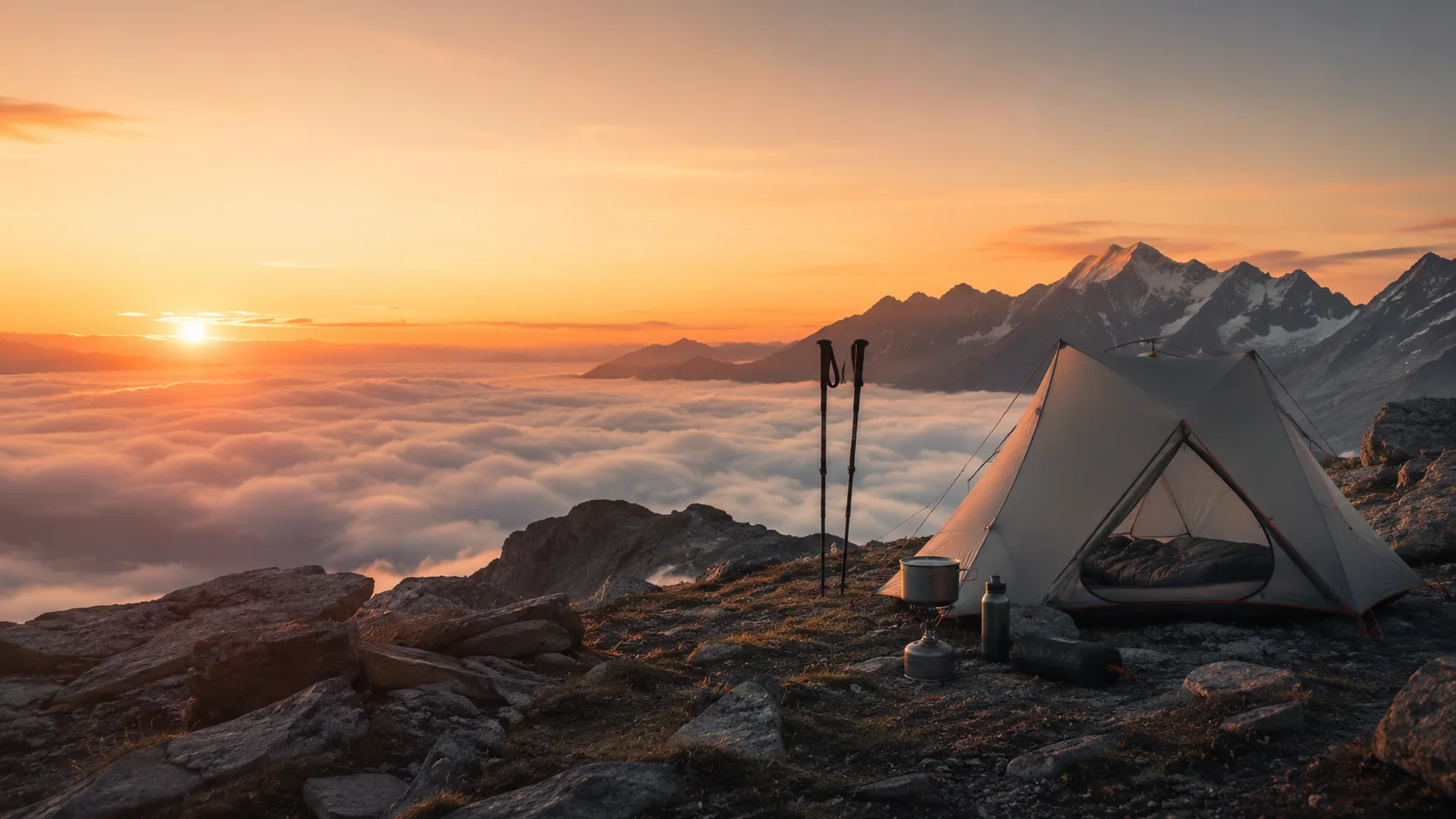 Minimal ultralight tent and backpacking gear on an alpine ridge
